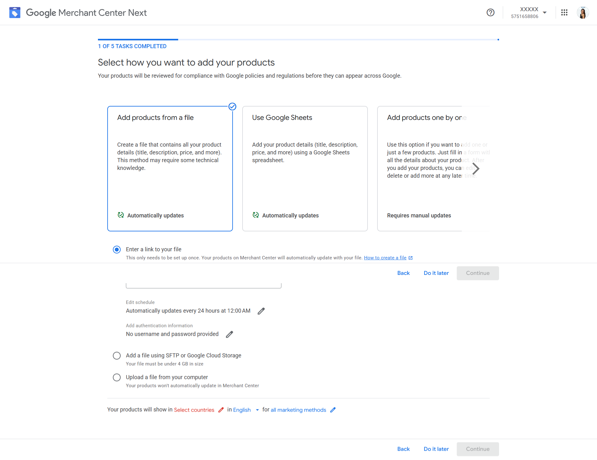 1. Избор на метод за качване на продуктов фийд (File, Sheets или API).