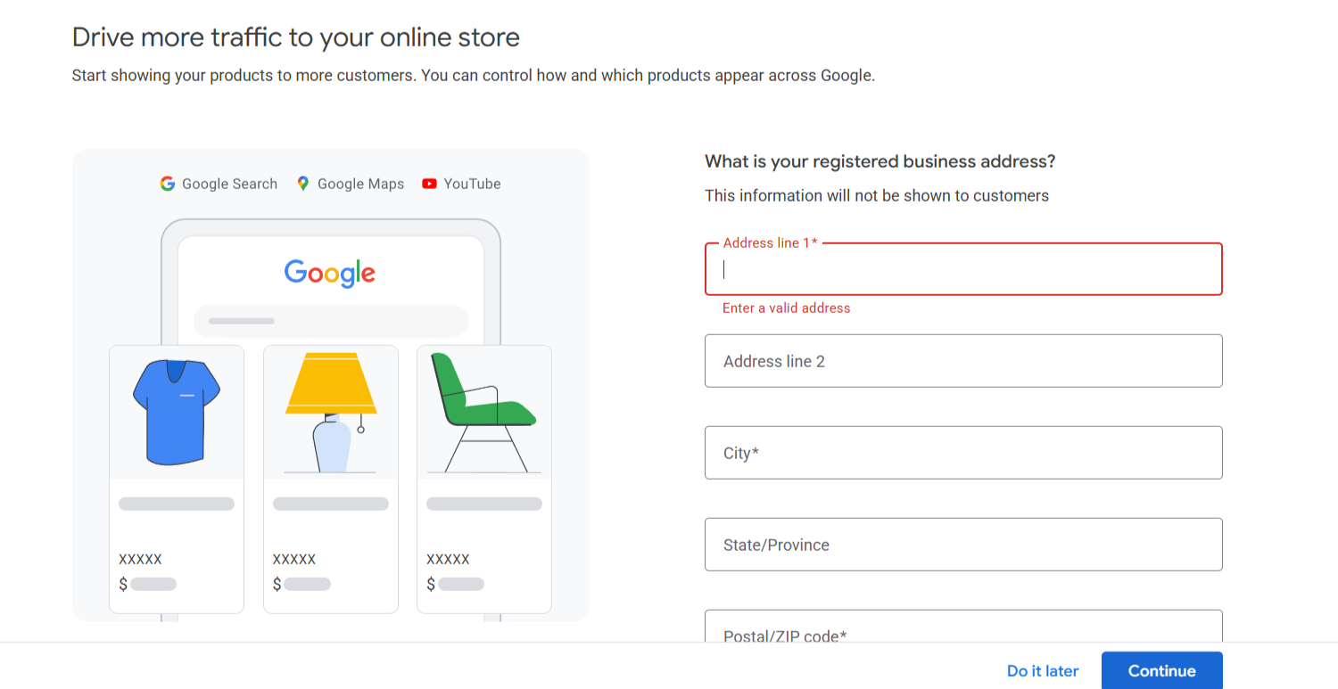 1. Въвеждане на официален бизнес адрес и фирмени данни в Google Merchant Center.