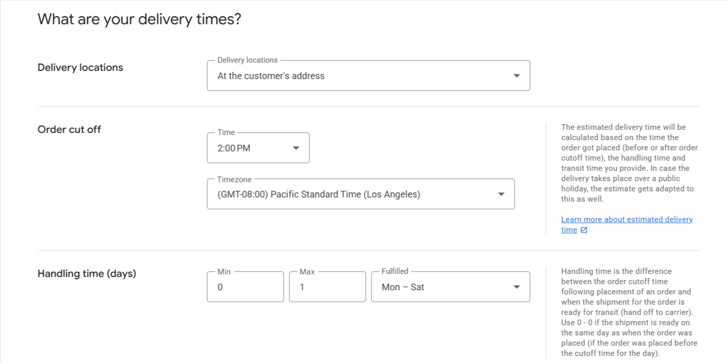 2. Настройка на Handling time и часове за приемане на поръчки в Google Merchant Center.